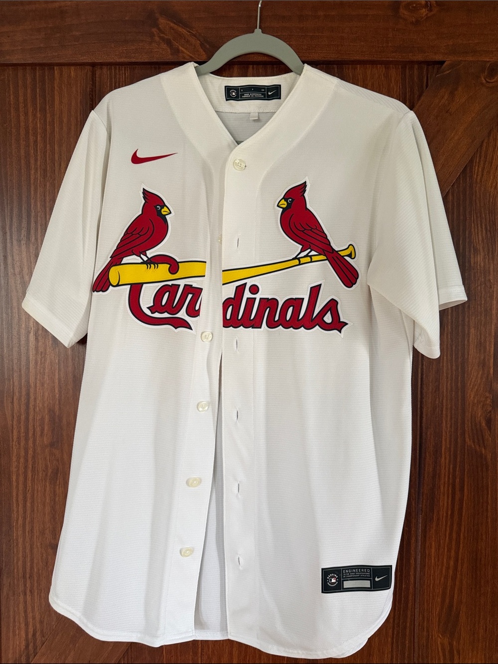 Nike White Cardinals Button-Up Jersey with Red and Yellow Logo